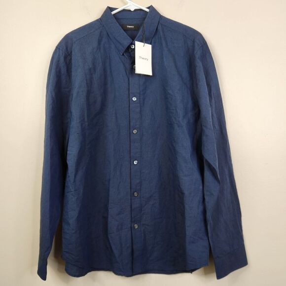 NEW Theory Mens Finch Essential Linen Cotton Blend Long Sleeve Button Down XL